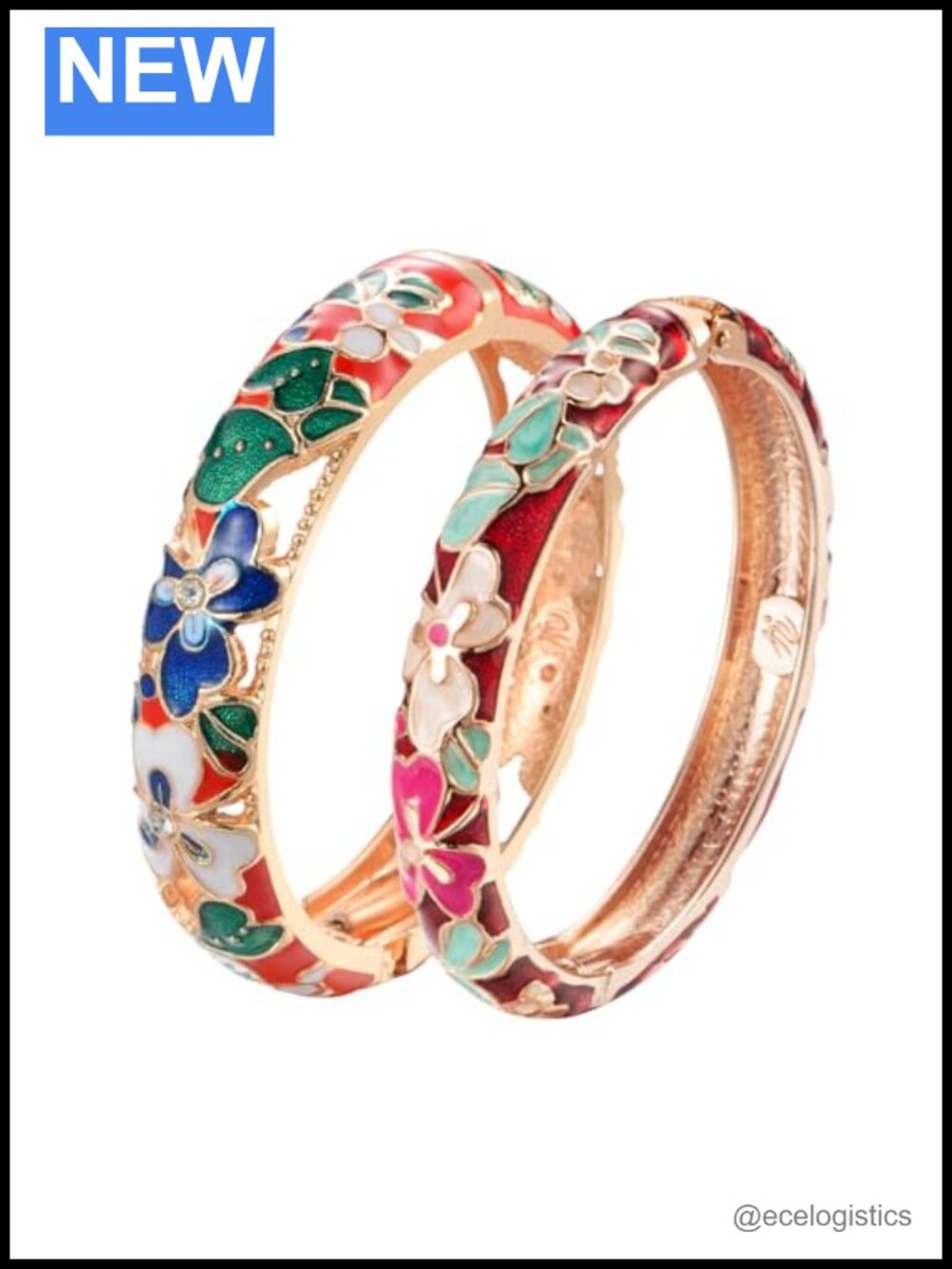 Cloisonne Enamel Flower Hinged Bangle Bracelet Set 2pc
